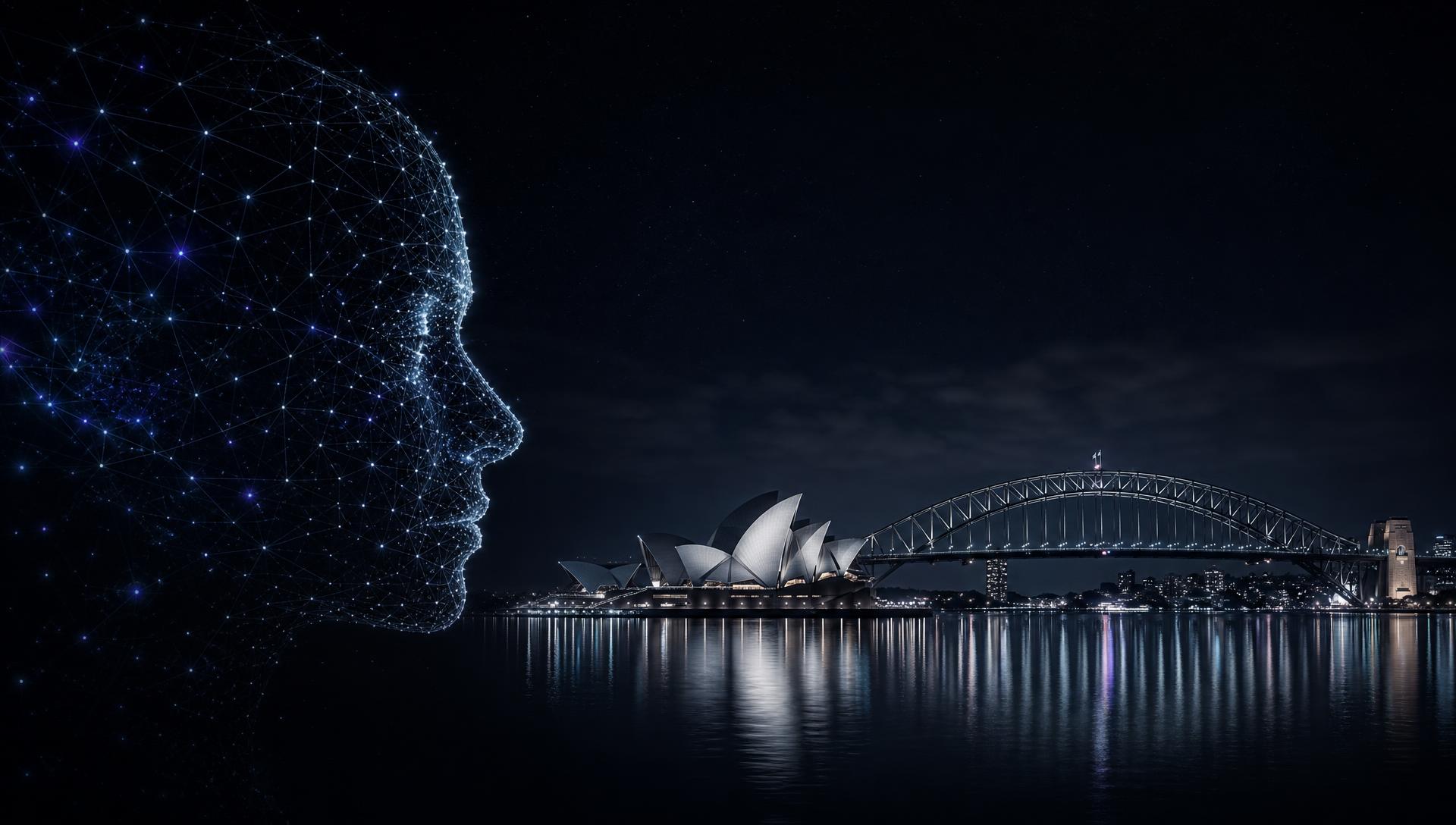 Sydney Harbour at night with the Opera House and Harbour Bridge, beside a human profile drawn as a network of light